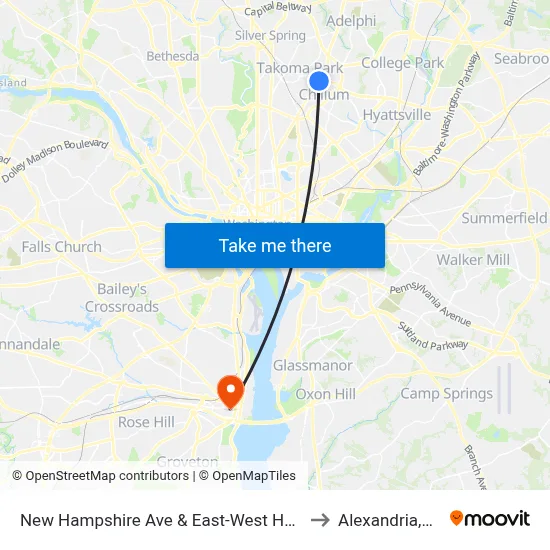 New Hampshire Ave & East-West Hwy to Alexandria,VA map