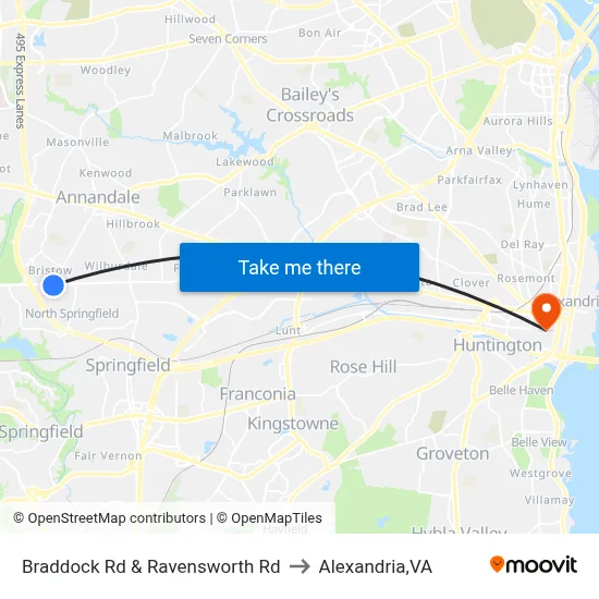 Braddock Rd & Ravensworth Rd to Alexandria,VA map