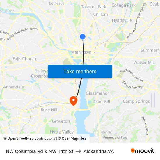 NW Columbia Rd & NW 14th St to Alexandria,VA map