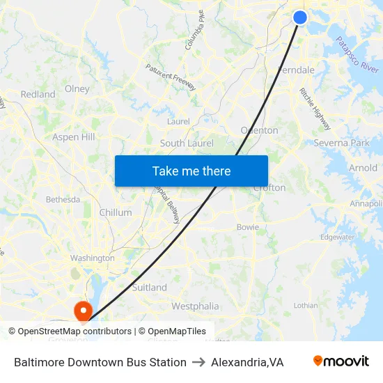 Baltimore Downtown Bus Station to Alexandria,VA map