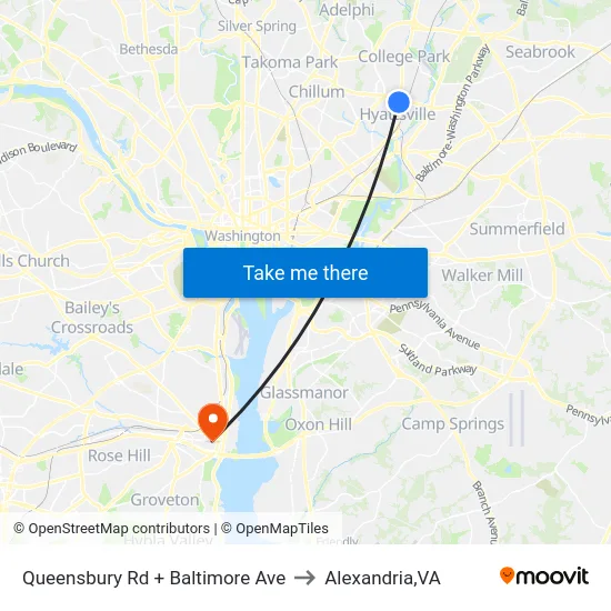 Queensbury Rd + Baltimore Ave to Alexandria,VA map
