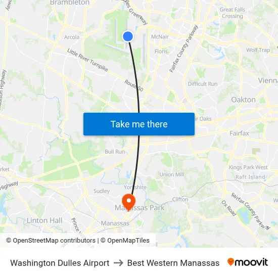 Washington Dulles Airport to Best Western Manassas map