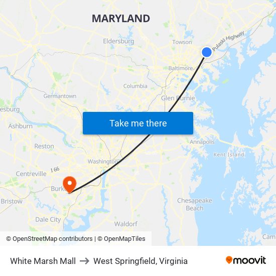 White Marsh Mall to West Springfield, Virginia map