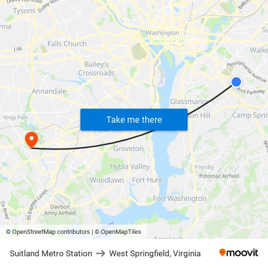 Suitland Metro Station to West Springfield, Virginia map