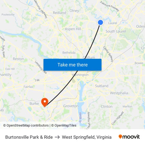 Burtonsville Park & Ride to West Springfield, Virginia map