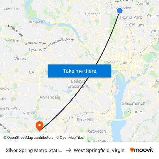 Silver Spring Metro Station to West Springfield, Virginia map