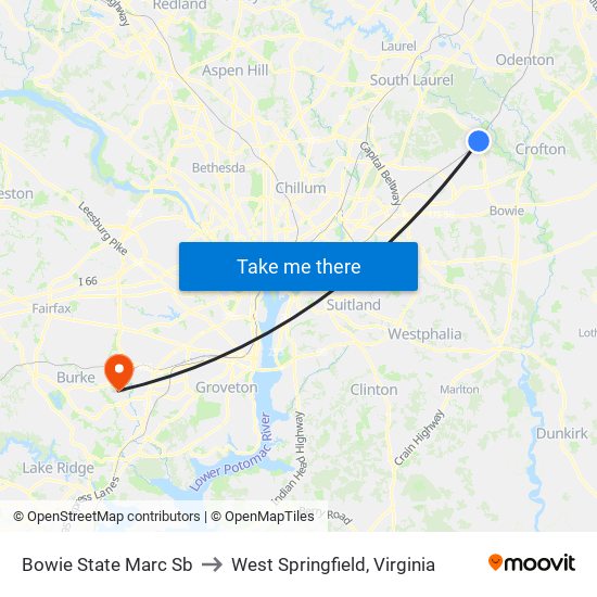 Bowie State Marc Sb to West Springfield, Virginia map