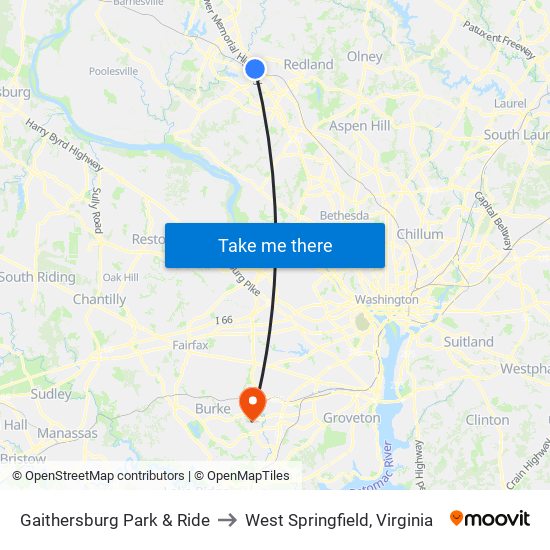 Gaithersburg Park & Ride to West Springfield, Virginia map