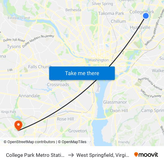 College Park Metro Station to West Springfield, Virginia map