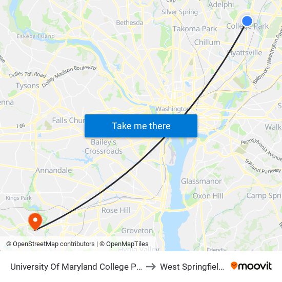 University Of Maryland College Park (Stadium Dr.) to West Springfield, Virginia map