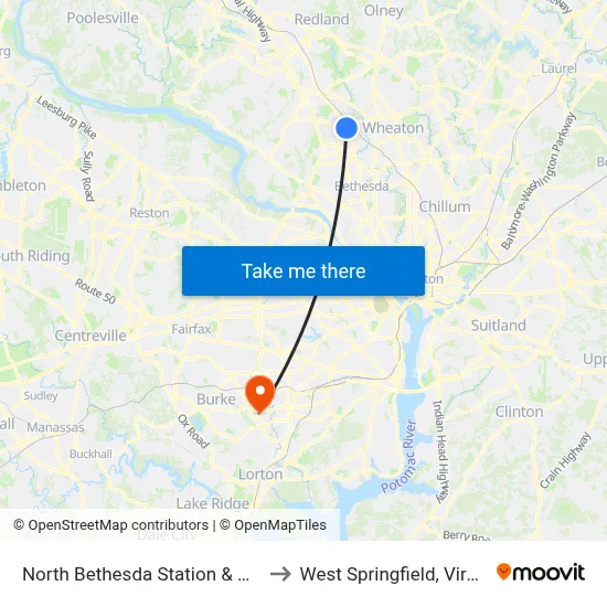 North Bethesda Station & Bay D to West Springfield, Virginia map