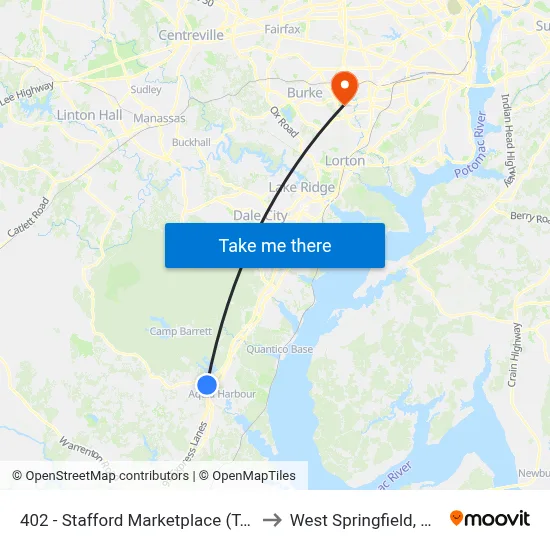 402 - Stafford Marketplace (T.J. Maxx) to West Springfield, Virginia map