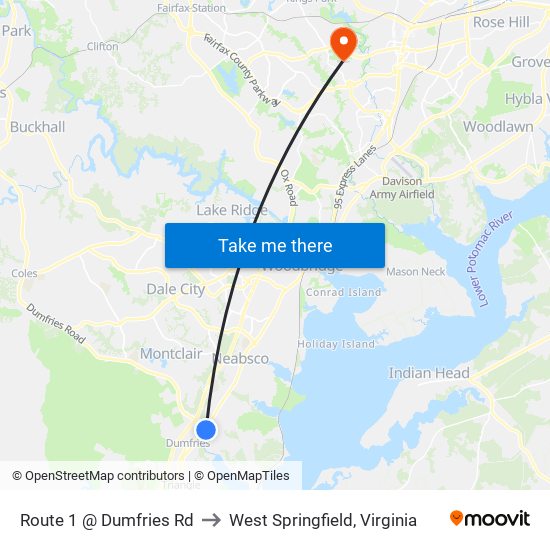 Route 1 @ Dumfries Rd to West Springfield, Virginia map