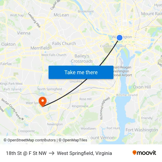 18th St @ F St NW to West Springfield, Virginia map