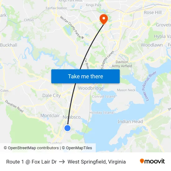 Route 1 @ Fox Lair Dr to West Springfield, Virginia map
