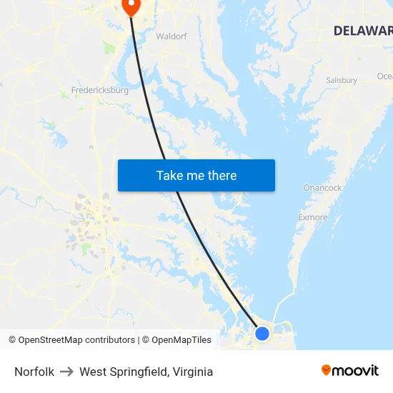 Norfolk to West Springfield, Virginia map
