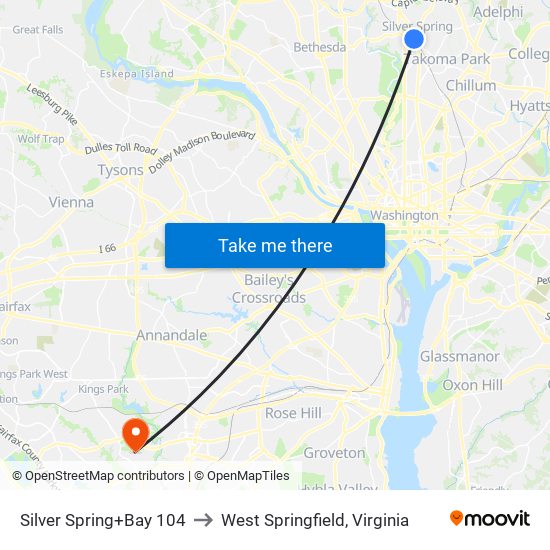 Silver Spring+Bay 104 to West Springfield, Virginia map