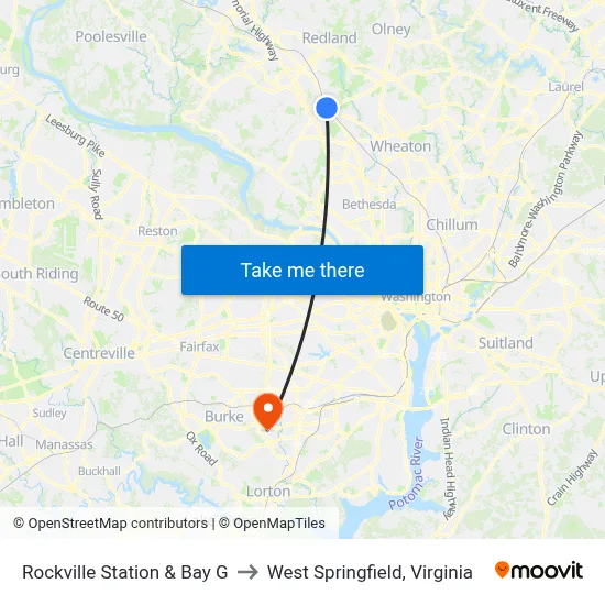Rockville Station & Bay G to West Springfield, Virginia map