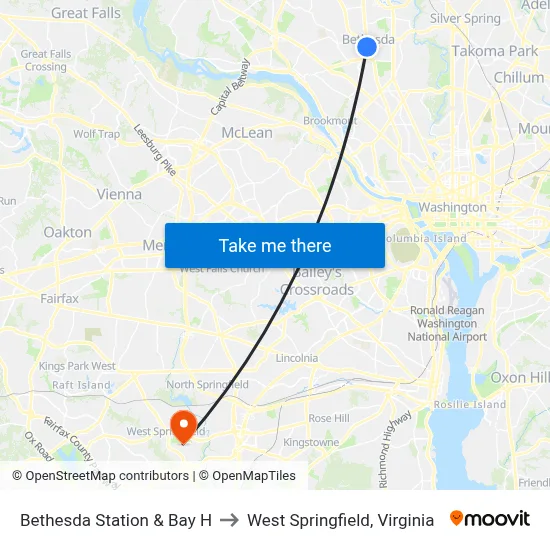 Bethesda Station & Bay H to West Springfield, Virginia map