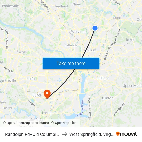 Randolph Rd+Old Columbia Pk to West Springfield, Virginia map