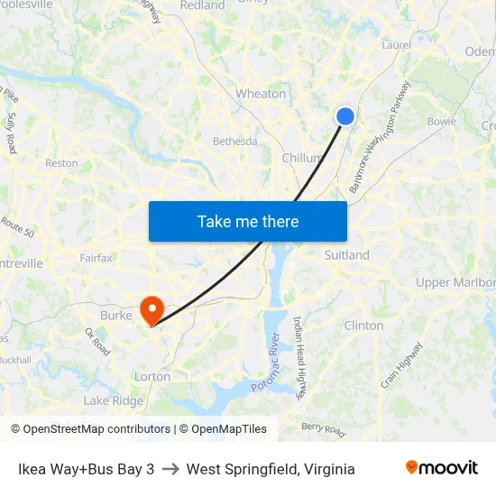 Ikea Way+Bus Bay 3 to West Springfield, Virginia map