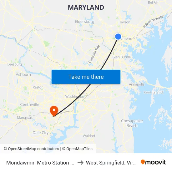 Mondawmin Metro Station Bay 9 to West Springfield, Virginia map