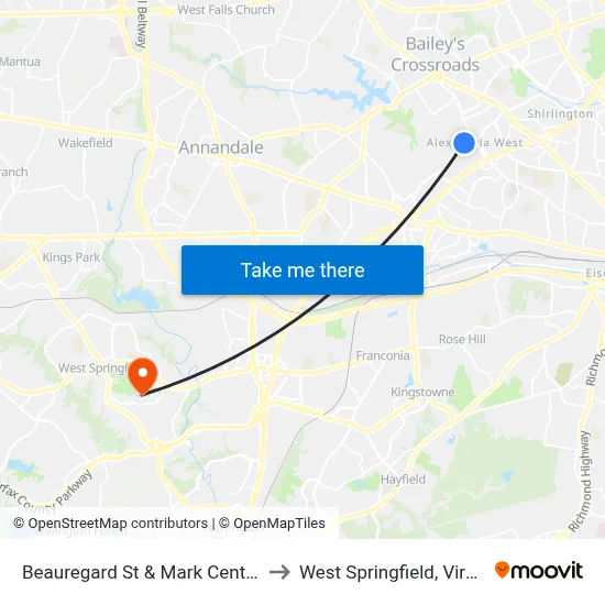 Beauregard St & Mark Center Dr to West Springfield, Virginia map