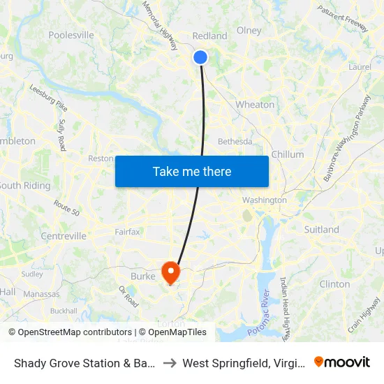 Shady Grove Station & Bay B to West Springfield, Virginia map