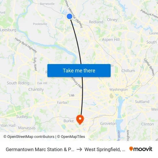 Germantown Marc Station & Parking Lot to West Springfield, Virginia map