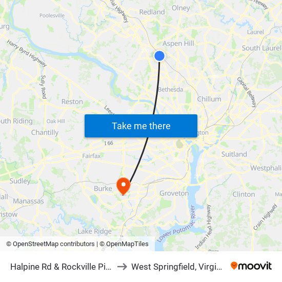 Halpine Rd & Rockville Pike to West Springfield, Virginia map