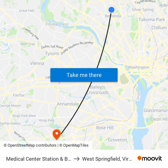 Medical Center Station & Bay E to West Springfield, Virginia map