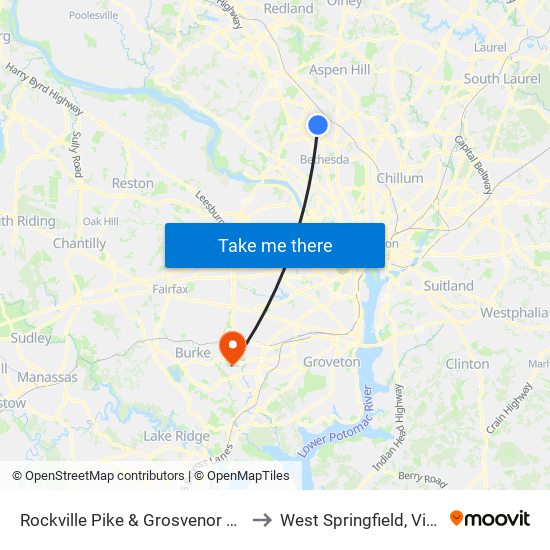 Rockville Pike & Grosvenor Station to West Springfield, Virginia map