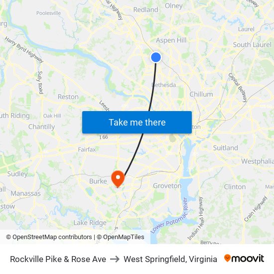 Rockville Pike & Rose Ave to West Springfield, Virginia map