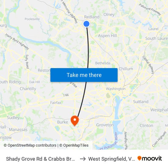 Shady Grove Rd & Crabbs Branch Way to West Springfield, Virginia map