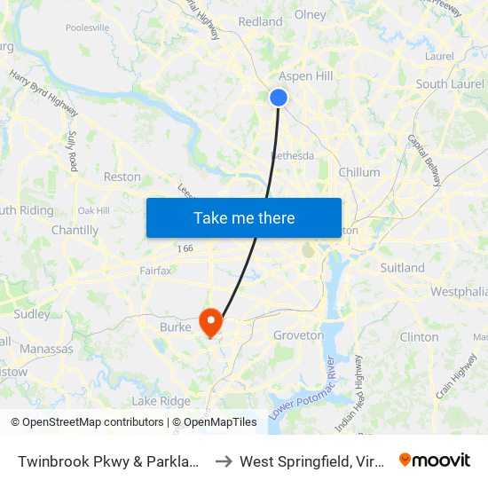 Twinbrook Pkwy & Parklawn Dr to West Springfield, Virginia map