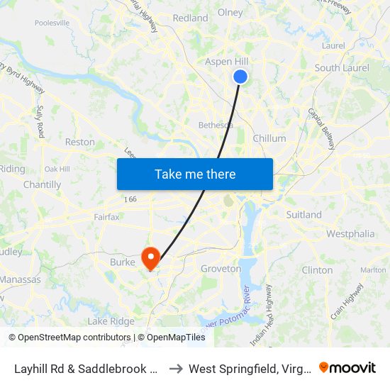 Layhill Rd & Saddlebrook Park to West Springfield, Virginia map