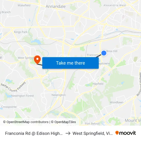 Franconia Rd @ Edison High School to West Springfield, Virginia map