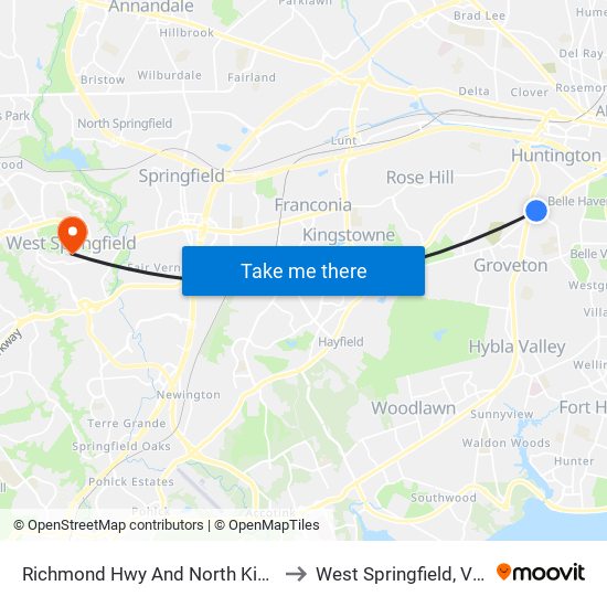 Richmond Hwy And North Kings Hwy to West Springfield, Virginia map
