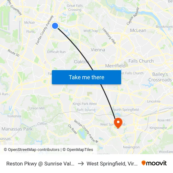 Reston Pkwy @ Sunrise Valley Dr to West Springfield, Virginia map