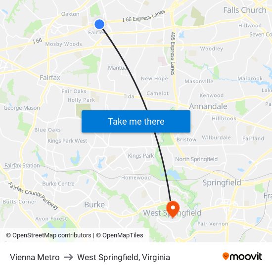 Vienna Metro to West Springfield, Virginia map