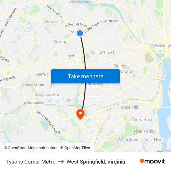 Tysons Corner Metro to West Springfield, Virginia map