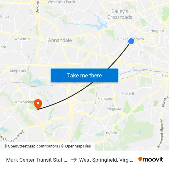 Mark Center Transit Station to West Springfield, Virginia map