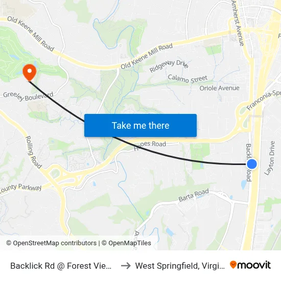 Backlick Rd @ Forest View Dr to West Springfield, Virginia map