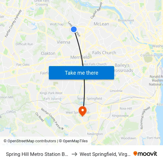 Spring Hill Metro Station Bay C to West Springfield, Virginia map
