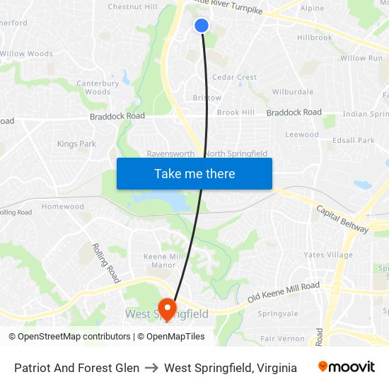 Patriot And Forest Glen to West Springfield, Virginia map