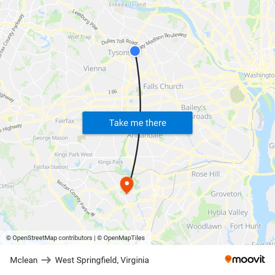 Mclean to West Springfield, Virginia map