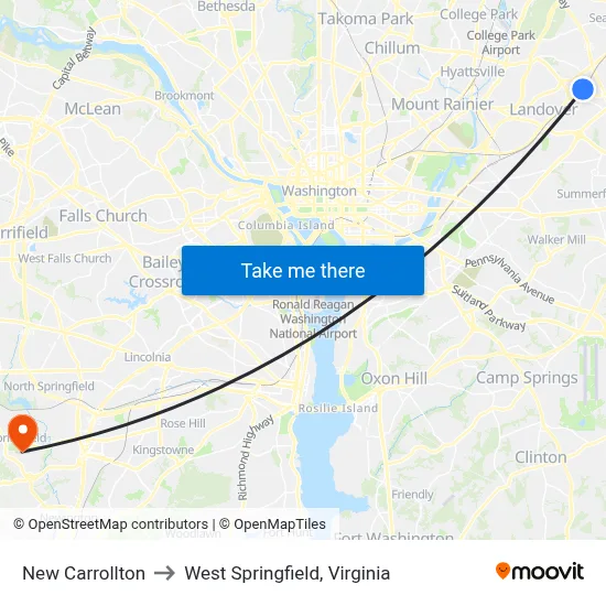 New Carrollton to West Springfield, Virginia map