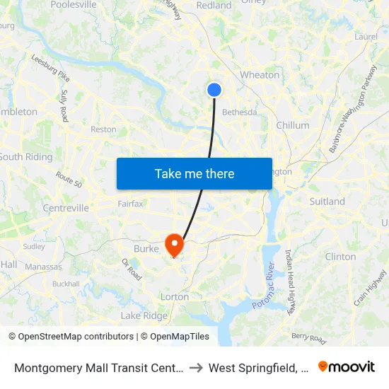 Montgomery Mall Transit Center & Bay A to West Springfield, Virginia map