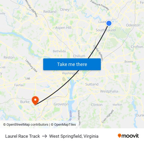 Laurel Race Track to West Springfield, Virginia map