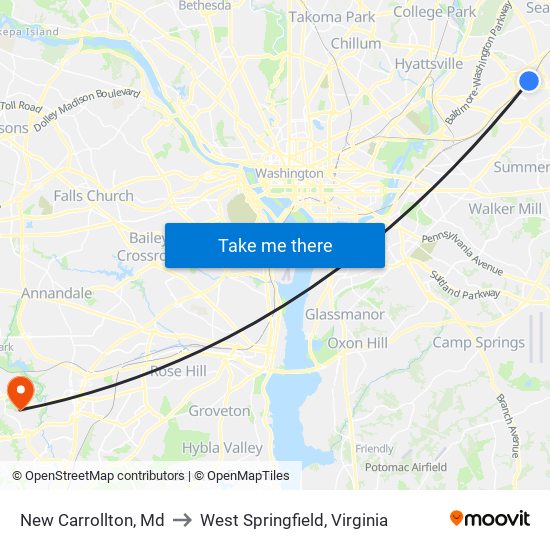 New Carrollton, Md to West Springfield, Virginia map